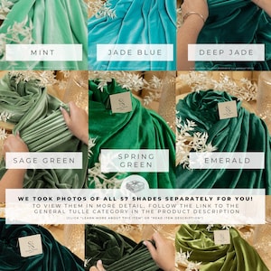 May include: A collage of 10 different shades of green velvet fabric swatches. The swatches are arranged in two rows of five. Each swatch is labelled with the name of the colour. The text "WE TOOK PHOTOS OF ALL 57 SHADES SEPARATELY FOR YOU!" is displayed at the bottom of the collage.
