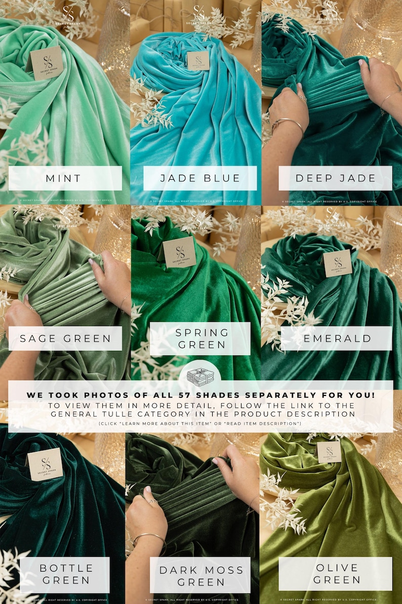 May include: A collage of 10 different shades of green velvet fabric swatches. The swatches are arranged in two rows of five. Each swatch is labelled with the name of the colour. The text "WE TOOK PHOTOS OF ALL 57 SHADES SEPARATELY FOR YOU!" is displayed at the bottom of the collage.