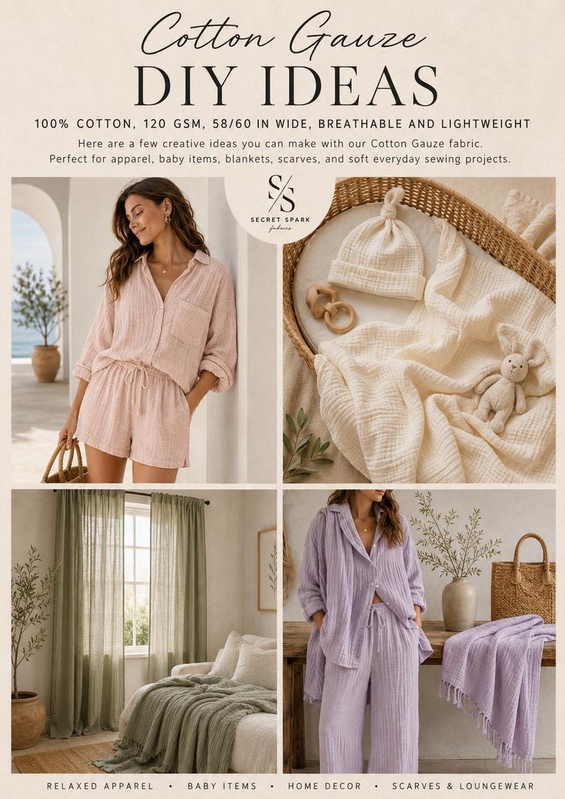 May include: Cotton gauze fabric in various colors shown as apparel, baby items, and home decor. The text reads Cotton Gauze DIY IDEAS, 100% COTTON, 120 GSM, 58/60 IN WIDE, BREATHABLE AND LIGHTWEIGHT, RELAXED APPAREL, BABY ITEMS, HOME DECOR, SCARVES & LOUNGEWEAR.