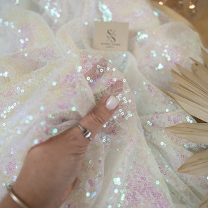 White Unicorn Iridescent Sequin Material Fabric by the Yard, Round Shape 3mm for Blouses, Gowns, Clothing, for Tablecloths, Decor | Glitz
