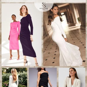May include: Four different DIY fashion ideas using a soft, matte, elastic crepe fabric. The fabric is shown in four different styles: a pink midi dress, a black midi dress, a white wedding dress, and a black maxi dress with a thigh-high slit. The text "Grace elastic crepe stretch DIY IDEAS" is at the top of the image.