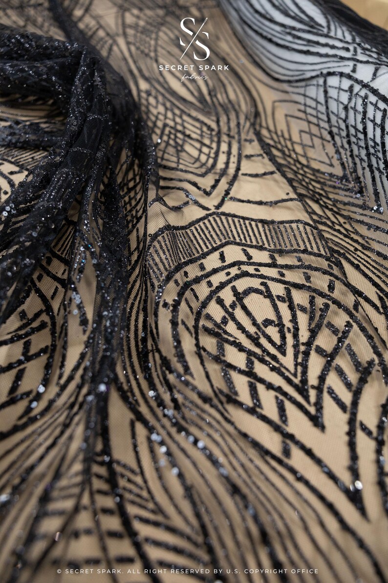 Black Decoir Glitter Tulle – Art Deco Geometric Sparkle Mesh for Gothic ...