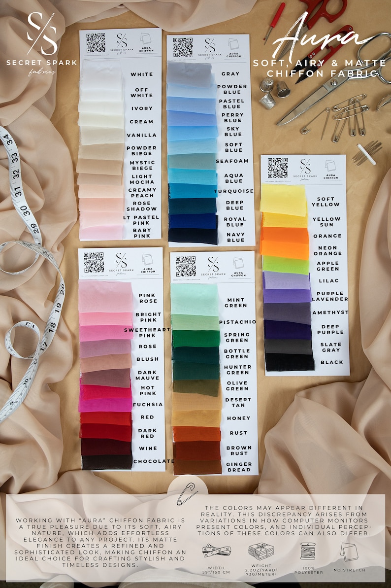 May include: A color chart of 100% polyester chiffon fabric swatches in various colors, including white, gray, blue, yellow, green, pink, red, brown, and black. The fabric is described as soft, airy, and matte. The text "Aura Soft, Airy & Matte Chiffon Fabric" is displayed at the top of the chart.
