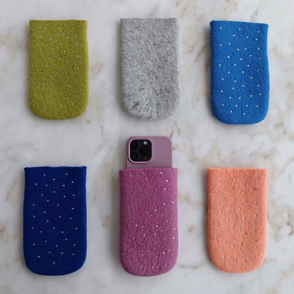 Natural Soft Wool Felted Phone Case/Glasses Case with Crystals - Fits iPhone 15 Pro and Similar Models