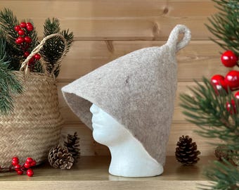 Gorro de sauna de lana afieltrada hecho a mano: Beige natural - A200 con espiral