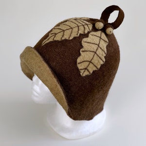 Handmade Wool Felt Sauna Hat: Acorn & Oak Leaf Design