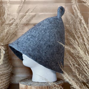 Handmade Felted Wool Sauna Hat with spiral loop in grey color - A105. The perfect gift for a man & women who loves sauna rituals