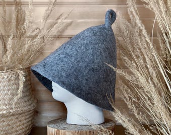 Gorro de sauna de lana de fieltro hecho a mano: gris - A105, con bucle en espiral, protección contra el calor