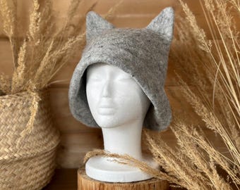 Handmade Felt Cat Sauna Hat with Ears: Soft Wool Animal Cap