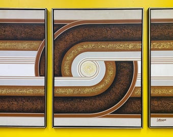 Letterman signed Triptych Painting - Three Panel Serigraph Artwork - 1970s Geometric art - Vintage Signed Set