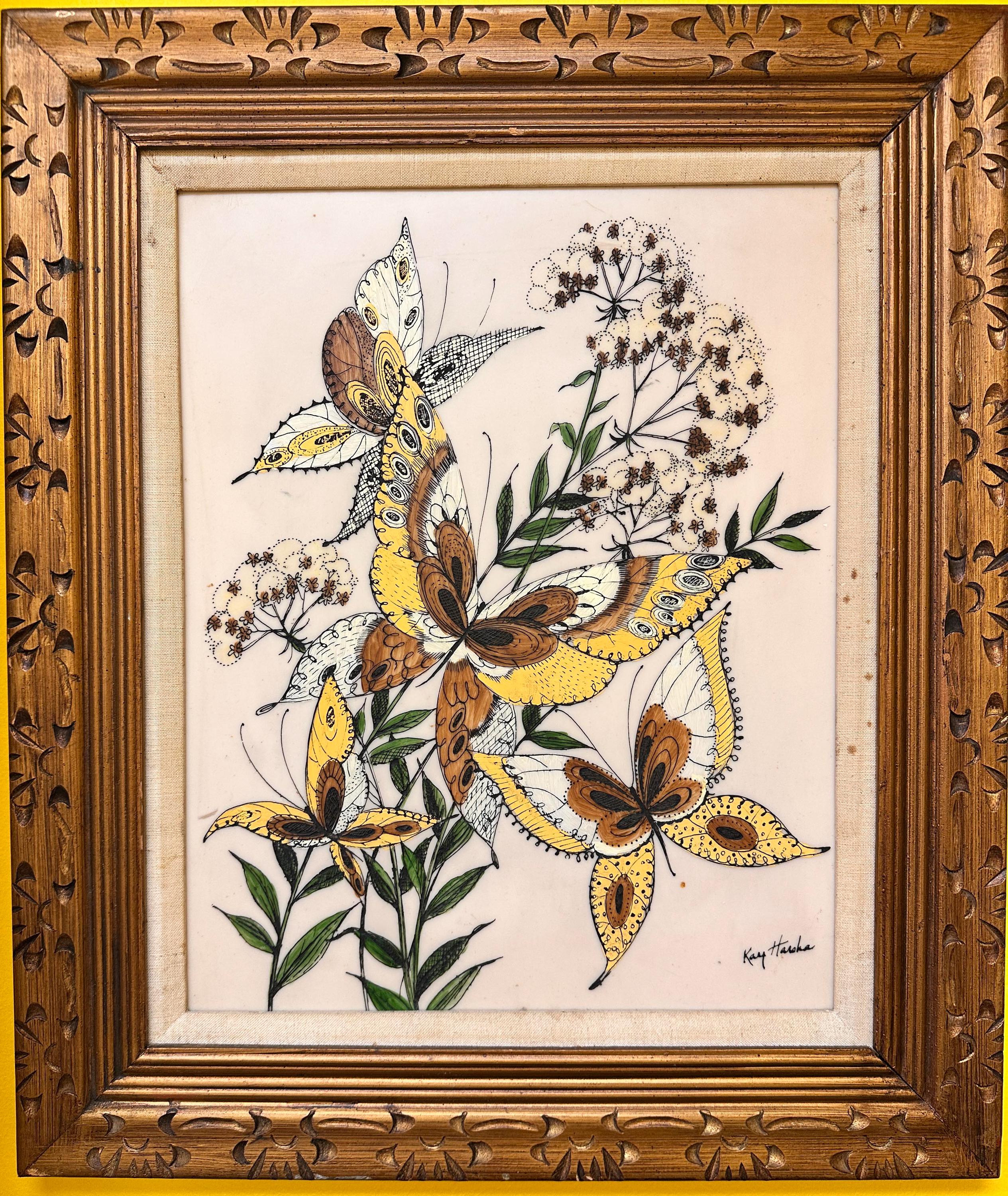 Vintage 1970s Butterfly Art, Kay Harsha Engraving, Framed Resin