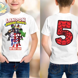 Personalized kids birthday t-shirt with Spidey & Friends superhero design, custom name, and age, perfect for boys and girls.