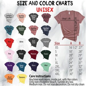 May include: Unisex t-shirt size and color chart with a variety of colors including heather peach, dark grey, maroon, forest, navy, white, asphalt, maroon, mint, deep teal, burnt orange, and banana. The chart also includes a size guide with chest and body length measurements in inches for sizes XS to 4XL.
