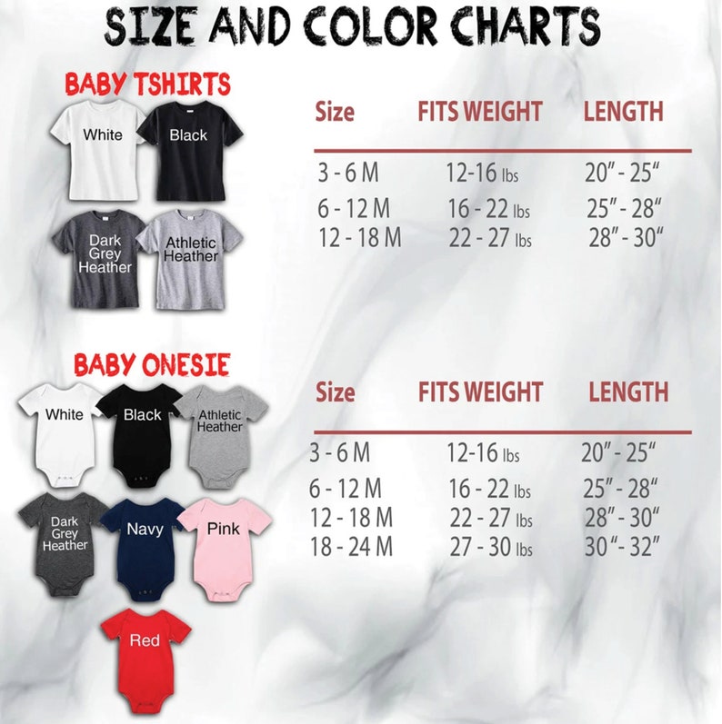 Pode incluir: Tabelas de tamanhos e cores para camisetas e macac&otilde;es para beb&ecirc;s. As tabelas mostram o tamanho, o peso e o comprimento de cada pe&ccedil;a de roupa. As cores dispon&iacute;veis para cada pe&ccedil;a de roupa s&atilde;o mostradas na imagem.