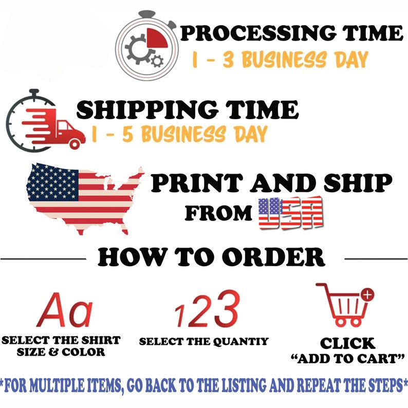 May include: Graphic showing how to order a shirt. The steps are: select the shirt size and color, select the quantity, and click "add to cart". The graphic also includes information about processing and shipping times. Processing time is 1-3 business days and shipping time is 1-5 business days. The graphic states that the shirt is printed and shipped from the USA.