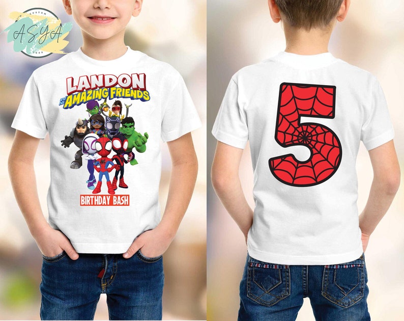 Personalized kids birthday t-shirt with Spidey & Friends superhero design, custom name, and age, perfect for boys and girls.