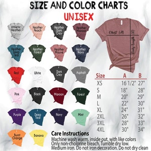 Pode incluir: Tabela de tamanhos e cores para camiseta unissex com uma variedade de cores, incluindo p&ecirc;ssego mesclado, cinza escuro, bord&ocirc;, floresta, azul marinho, branco, asfalto, bord&ocirc;, menta, azul-petr&oacute;leo escuro, roxo, laranja queimado e banana. A tabela tamb&eacute;m inclui uma tabela de tamanhos com medidas em polegadas para o peito e o comprimento do corpo.