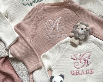 PERSONALISED Monogrammed Knitted Cardigan with Ditsy Butterflies | 100% Cotton | Custom Embroidered Name & Initial | Button-Up Front