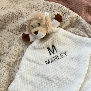 PERSONALISED Baby Comforter with Plush Lion - Personalised Fleece Blanket with Name and Initial Embroidery
