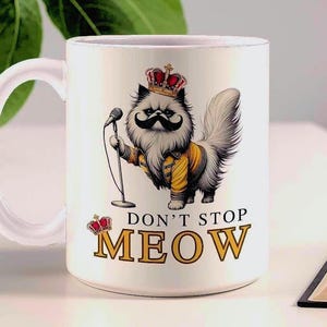 Freddie Mercury cat mug, Don’t Stop Meow, Funny Queen fan gift, Rock music mug, Cat lover coffee cup, Inspired by Freddie