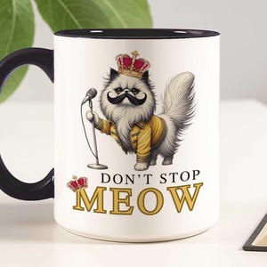 Freddie Mercury Premium Cat Mug (Black), Don’t Stop Meow, Funny Queen Fan Gift, Rock Music Mug, Cat Lover Coffee Cup, Inspired by Freddie
