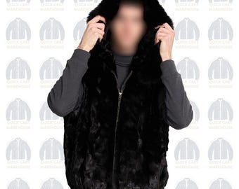 Luxury Real Black Mink Fur Vest With Detachable Fox Fur Trim Hood – Sleeveless Jacket For Men – Warm Winter Outerwear – Handmade Fur Gilet