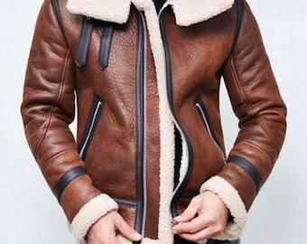 New Men’s B3 Bomber Aviator Shearling Jacket – Handmade Real Sheepskin Leather Fur Coat - RAF Pilot Flying Motorcycle Winter Brown Jacket