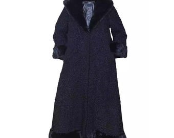 Women's Black Persian Lamb Fur Maxi Coat With Mink Trim - Luxury Swakara Long Fur Swinger Jacket - Handmade Winter Overcoat - Gift For Her