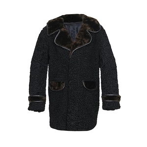 Men&#39;s Handmade Black Persian Lamb Fur Astrakhan Custom Made Coat With Real Sheep Fur Collar, Shoulder & Cuff Strap Gift For Him - All Sizes