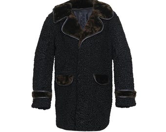 Men’s Black Persian Lamb Fur Astrakhan Coat With Mink Fur Collar, Shoulder & Cuff Straps – Luxury Handmade Winter Overcoat - Gift for Him