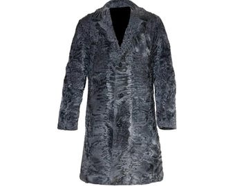 Men’s Real Persian Lamb Fur Long Coat – Grey Astrakhan Karakul Fur Overcoat – Luxury Handmade Winter Coat – Elegant Warm Fur Jacket for Men