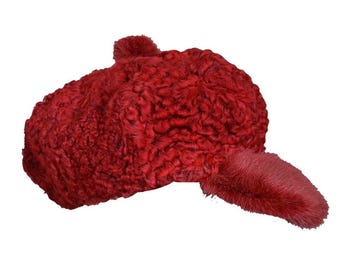 Red Real Persian Lamb Fur Newspaper Boy Baseball Hat Cap Mink Fur Brim All sizes - Fast Shipping - Gift For Him