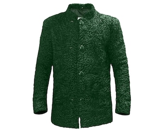 Men's Green Real Persian Lamb Fur Jacket - Handmade Swakara Karakul Fur Coat - Winter Luxury Outerwear - Vintage Style Coat - Gift For Him