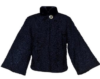 Women's Black Real Persian Lamb Fur Short Swing Jacket Coat – Luxury Winter Outerwear – Handmade Vintage Style Coat - Elegant Gift for Her