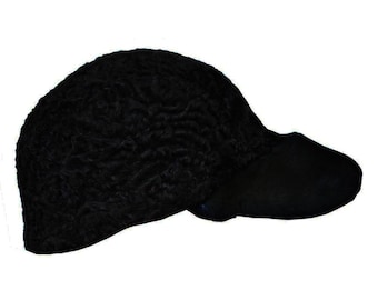 Black Real Persian Lamb Fur Newspaper boy Cap with Mink Fur Brim - Luxury Men's Winter Baseball Hat - Genuine Fur Cap - Warm Gift for Him
