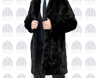 Men’s Genuine Mink Fur Long Coat - Luxury Real Fur Overcoat With Shawl Collar - Warm Winter Mink Fur Stroller For Men - Ranch Mink Outerwear