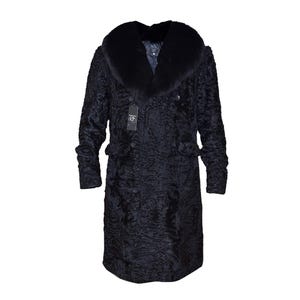 Men&#39;s Black Real Persian Lamb Fur Long Coat FOX Fur Collar All Sizes Custom Made - Fast Shipping - Gift For Him