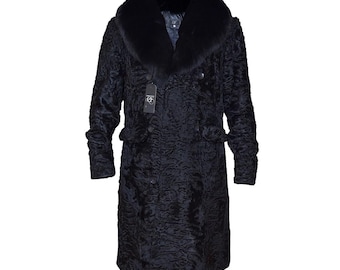 Men’s Real Persian Lamb Fur Coat – Genuine Black Karakul Fur Overcoat – Handmade Long Winter Coat With Fox Fur Collar – Luxury Gift For Him