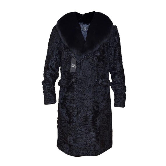 Men’s Real Persian Lamb Fur Coat – Genuine Black Karakul Fur Overcoat –  Handmade Long Winter Coat With Fox Fur Collar – Luxury Gift For Him