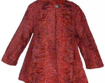 Luxury Women's Red Persian Lamb Fur Swing Coat With Mink Collar - Real Swakara Long Fur Overcoat - Handmade Winter Jacket - Gift For Her