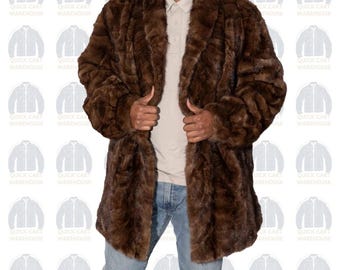 Men’s Brown Real Mink Fur Coat – Genuine Sectioned Mink Fur Stroller With Shawl Collar – Luxury Winter Coat For Men – Elegant Fur Outerwear