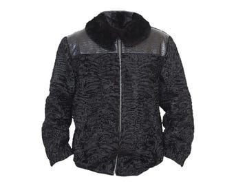 New Men's Black Persian Lamb Fur Bomber Jacket - Real Fluffy Fur Coat With Crocodile Alligator Print - Handmade Luxury Winter Outerwear