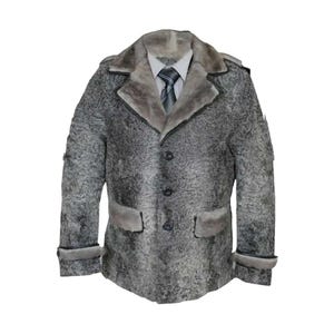 Men&#39;s Grey Real Persian Lamb Fur 35 Inches Length Coat With Grey Real Mink Fur Straps On Collar, Shoulder & Cuffs All Sizes - Gift For Him