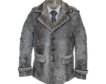 Men’s Luxury Grey Persian Lamb Fur Coat - Genuine Mink Fur Trim on Collar, Shoulder & Cuff - Real Fur Overcoat - Custom Sizes Gift for Him