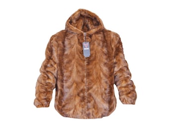 Men’s Brown Real Mink Fur Bomber Jacket With Hood – Luxury Handmade Genuine Fur Coat – Premium Winter Fur Outerwear - Christmas Gift For Him