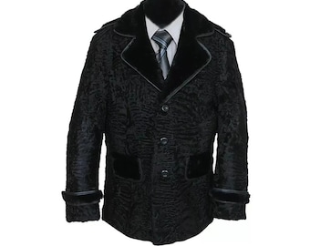 Men’s Luxury Black Persian Lamb Fur Coat - Genuine Mink Fur Trim on Collar, Shoulder & Cuff - Real Fur Overcoat - Custom Sizes Gift for Him