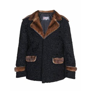 Men&#39;s Black Real Persian Lamb Fur 35 Inches Length Coat With Brown Real Mink Fur Straps On Collar, Shoulder & Cuffs All Sizes - Gift For Him