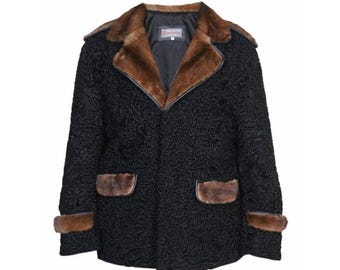 Men’s Luxury Black Persian Lamb Fur Coat - Genuine Mink Fur Trim on Collar, Shoulder & Cuff - Real Fur Overcoat - Custom Sizes Gift for Him