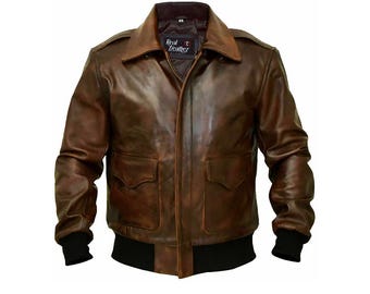 Mens A2 Aviator Tan Brown WWII Flight Leather Jacket I Distressed Grey Airforce Military Bomber Leather Jacket I Handmade Real Leather