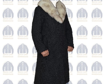 Luxury Men’s Black Persian Lamb Fur Coat with Fox Collar - Long Real Fur Overcoat - Vintage Style Winter Jacket - Handmade Elegant Outerwear